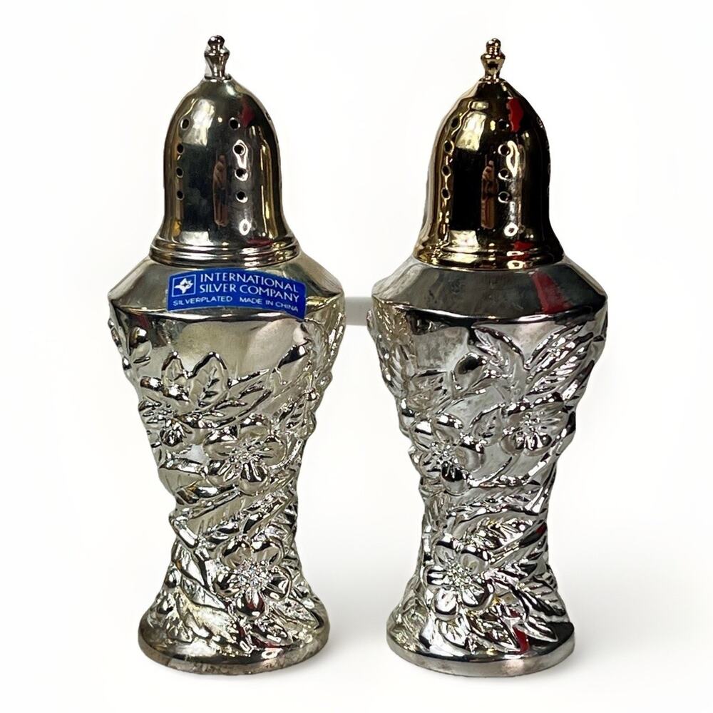 International Silver Company Silver Plated Floral Salt Pepper Shakers Gold Cap